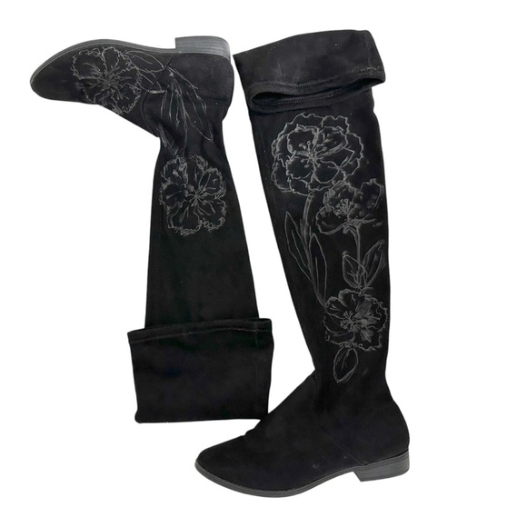 Express Black Floral Embroidered Over-the-Knee Boots Size 7 - Picture 1 of 11